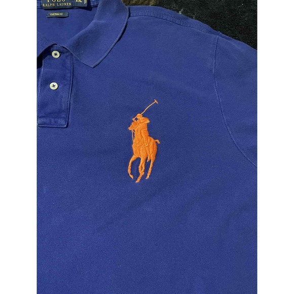 Ralph Lauren Polo Shirt Mens 2XL Blue Big Pony Custom Fit Orange 3 Patch Pique - Picture 5 of 8